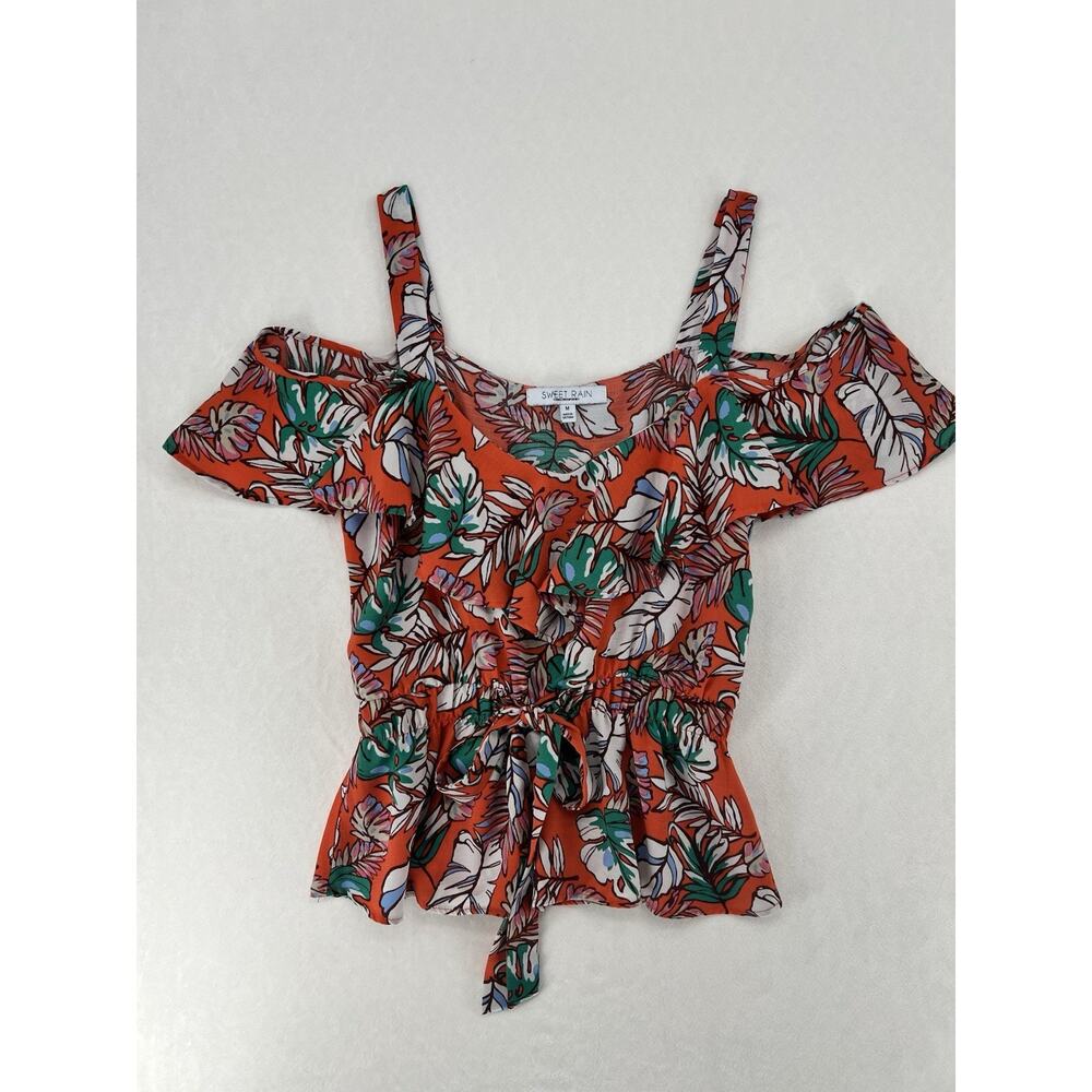 Sweet Rain Tropical Floral Cold Shoulder Top Womens Medium Ruffle Peplum Blouse